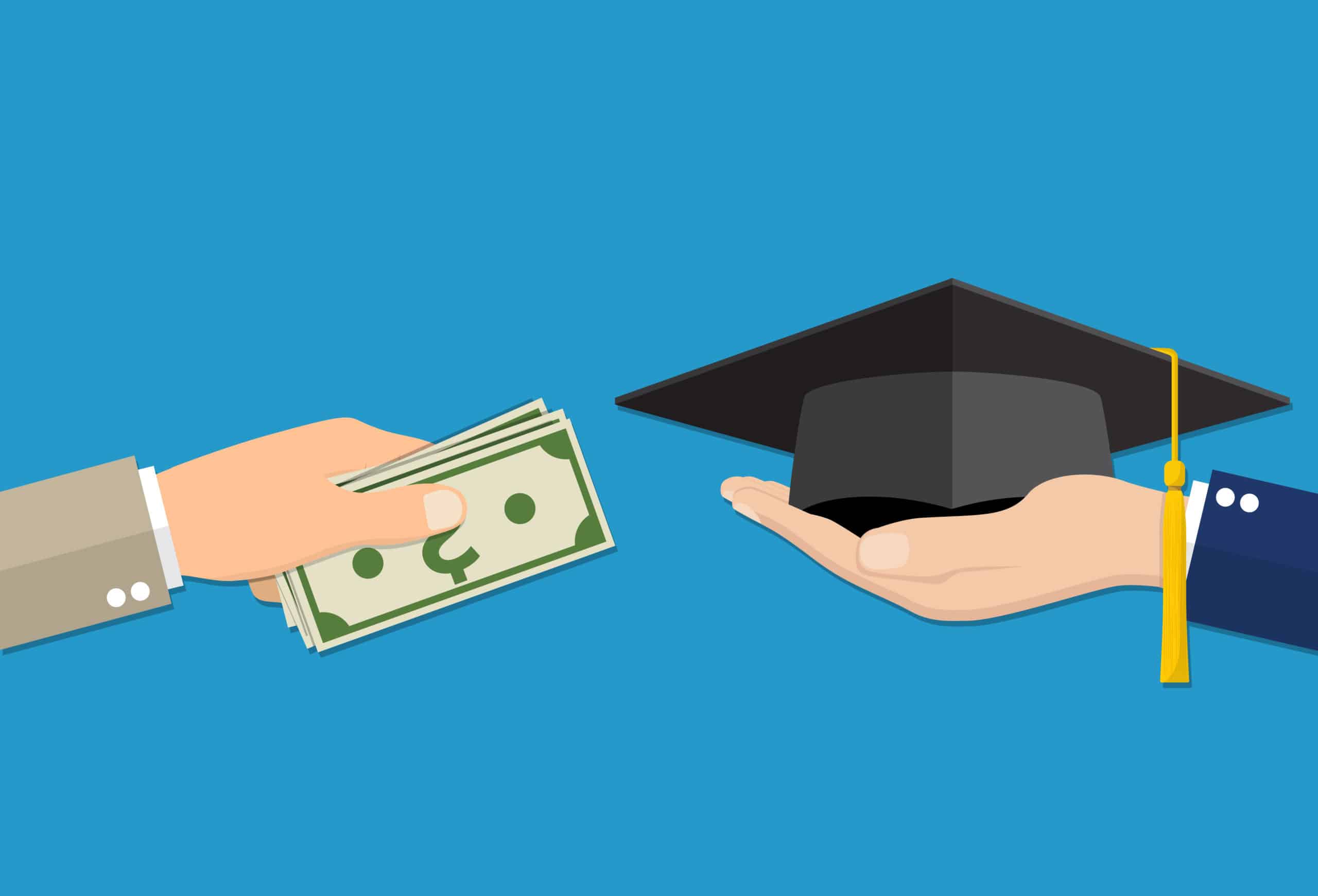 Education for money concept. Hand holding graduation cap and another hand holding money . vector illustration in flat style